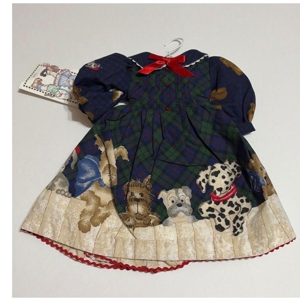 RARE Daisy Kingdom Puppies By The Pound Plaid Pleated Dress Blue Green Red NWT